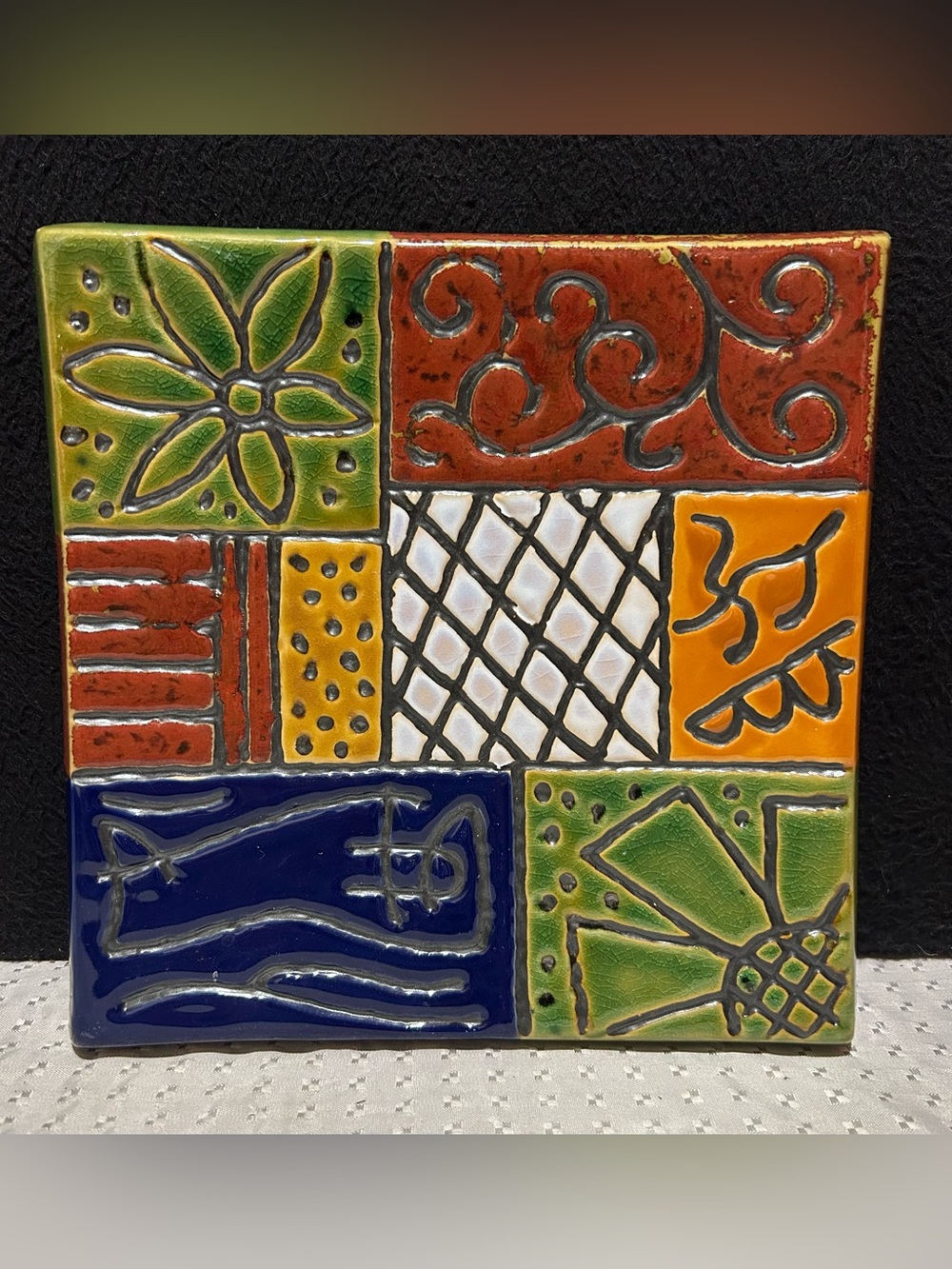 Vintage Pier 1 Imports Square Pedestal Dish Candle Trinket Holder Parchwork